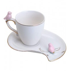 Xicara 90ml Café Porcelana Cute Birds Rosa Design Plate